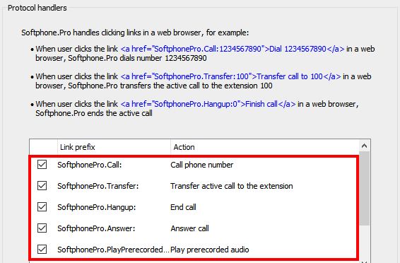 Enabling SoftphonePro.Call, SoftphonePro.Transfer, SoftphonePro.Hangup, SoftphonePro.Answer links