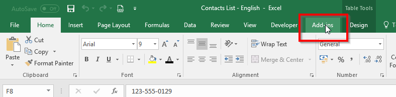 Add-ins tab in Microsoft Excel