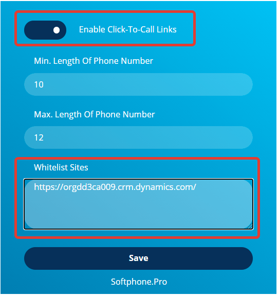 Click-to-call in MS Dynamics - Extension Settings