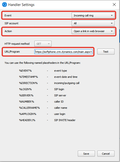 Configure pop-up window in MS Dynamics - Handler Settings