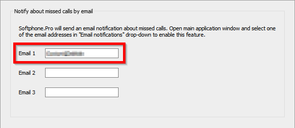 Enter email address to receive email notifications on missed calls