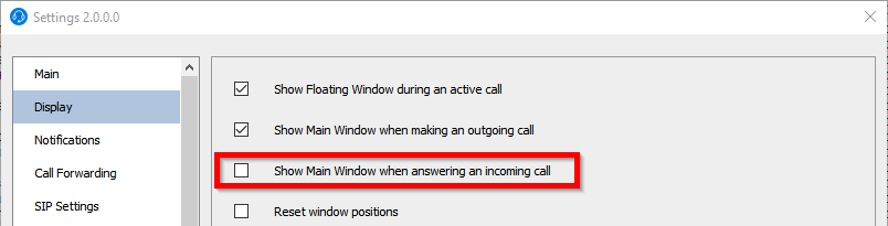 Prevent main window popping up on incoming call