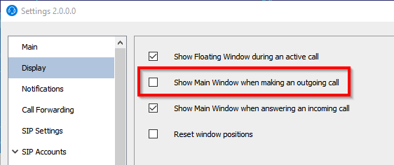 Prevent main window popping up on outgoing call