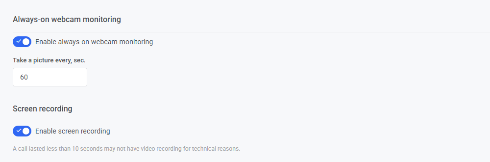 Webcam monitoring and screen recording settings