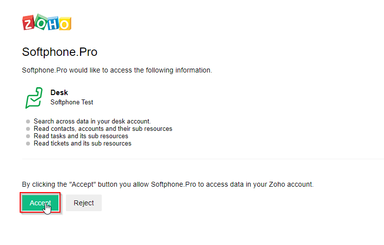 Give Softphone.Pro permission to access your Zoho Desk data