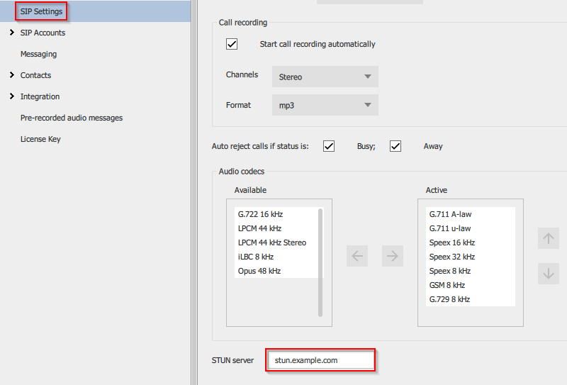 Configuring the STUN server address in Softphone.Pro